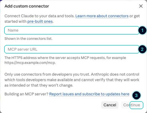 The Add custom connector dialog with the Name field, the MCP server URL field and the Continue button numbered 1 to 3