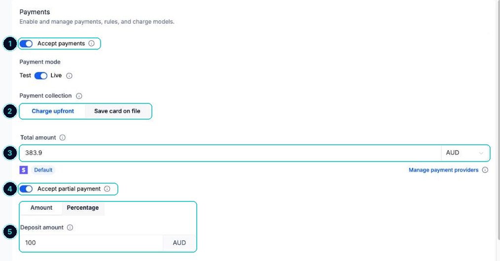 The calendar Payments panel with Accept payments, payment collection, total amount, partial payment and deposit amount numbered 1 to 5