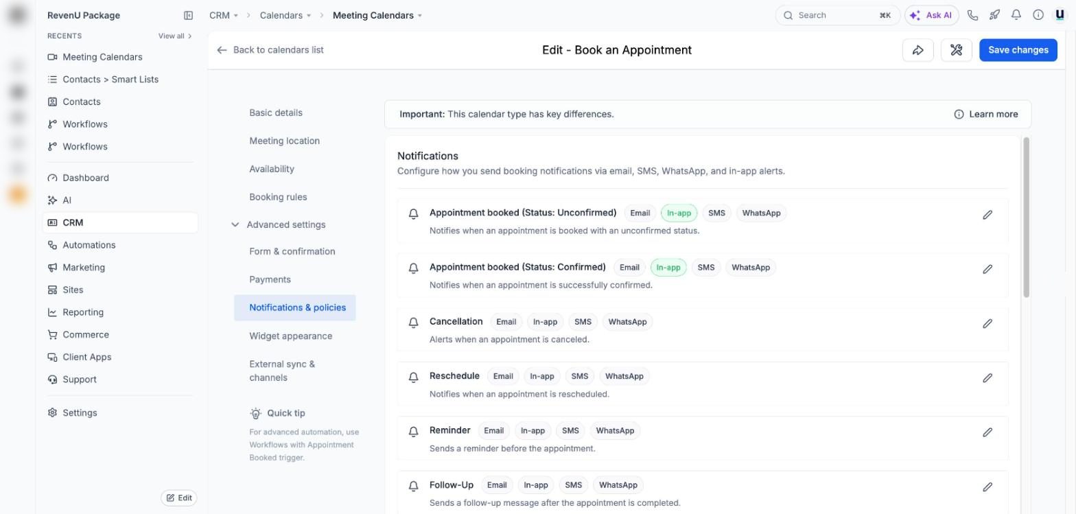 Calendar notifications in a revenu account