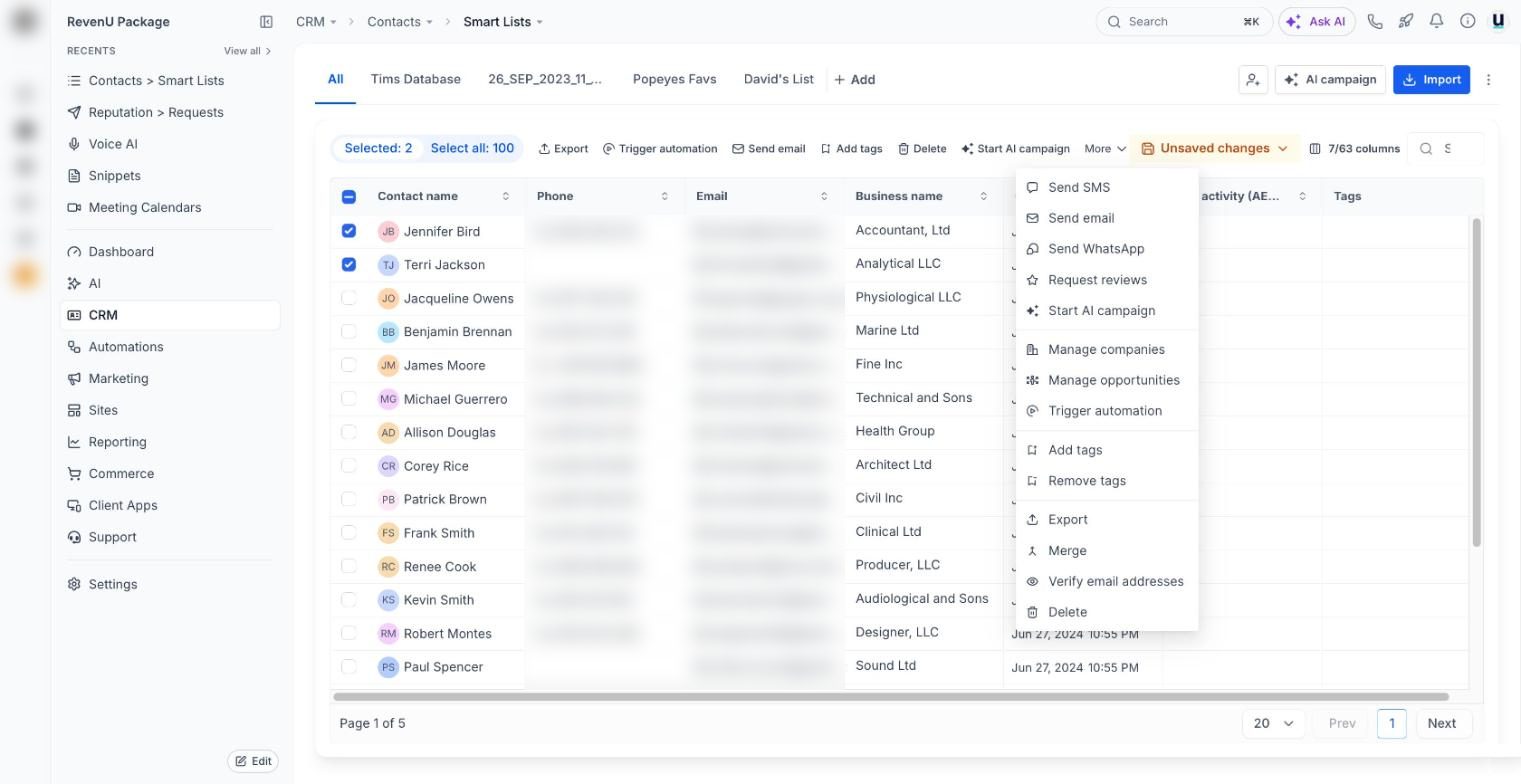 Contacts bulk actions in a revenu account