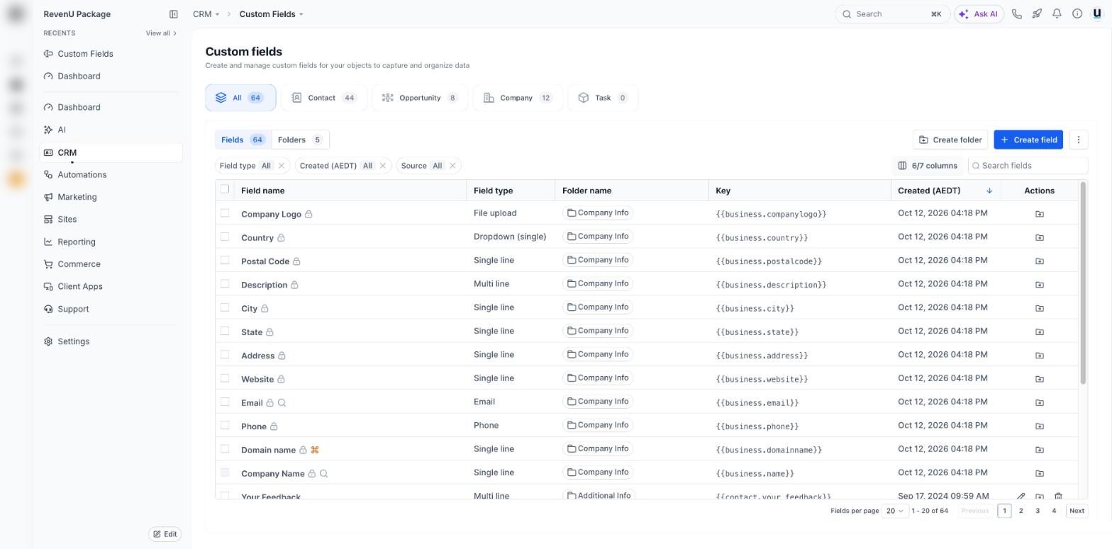 Custom fields in a revenu account