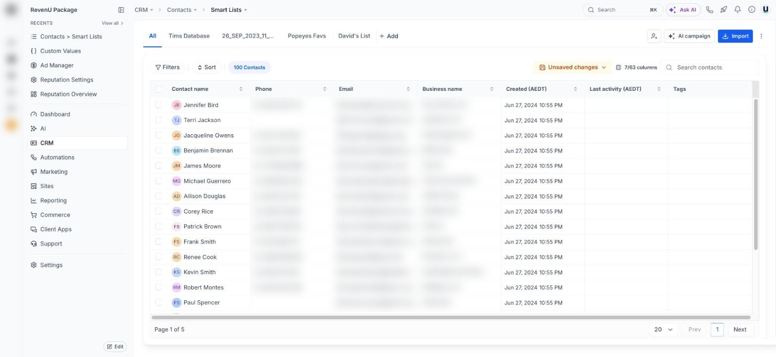 Contacts and smart lists in a revenu account