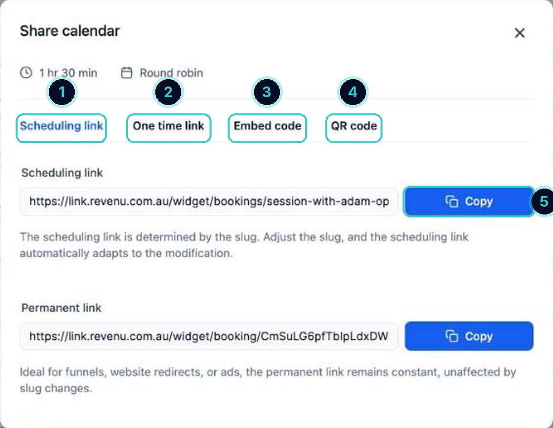 The Share calendar panel with the Scheduling link, One time link, Embed code and QR code tabs and the Copy button numbered