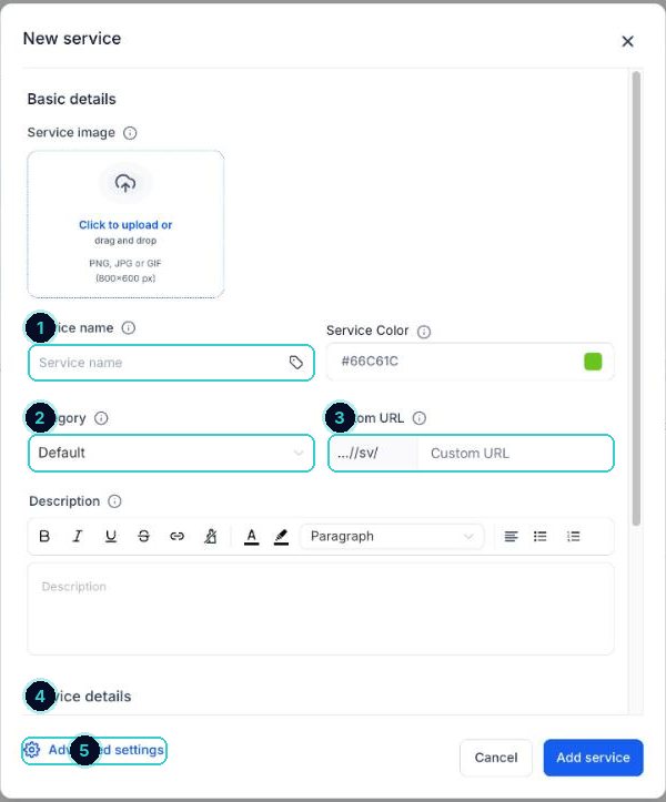 New service form numbered: name, category, custom URL, service details and advanced settings